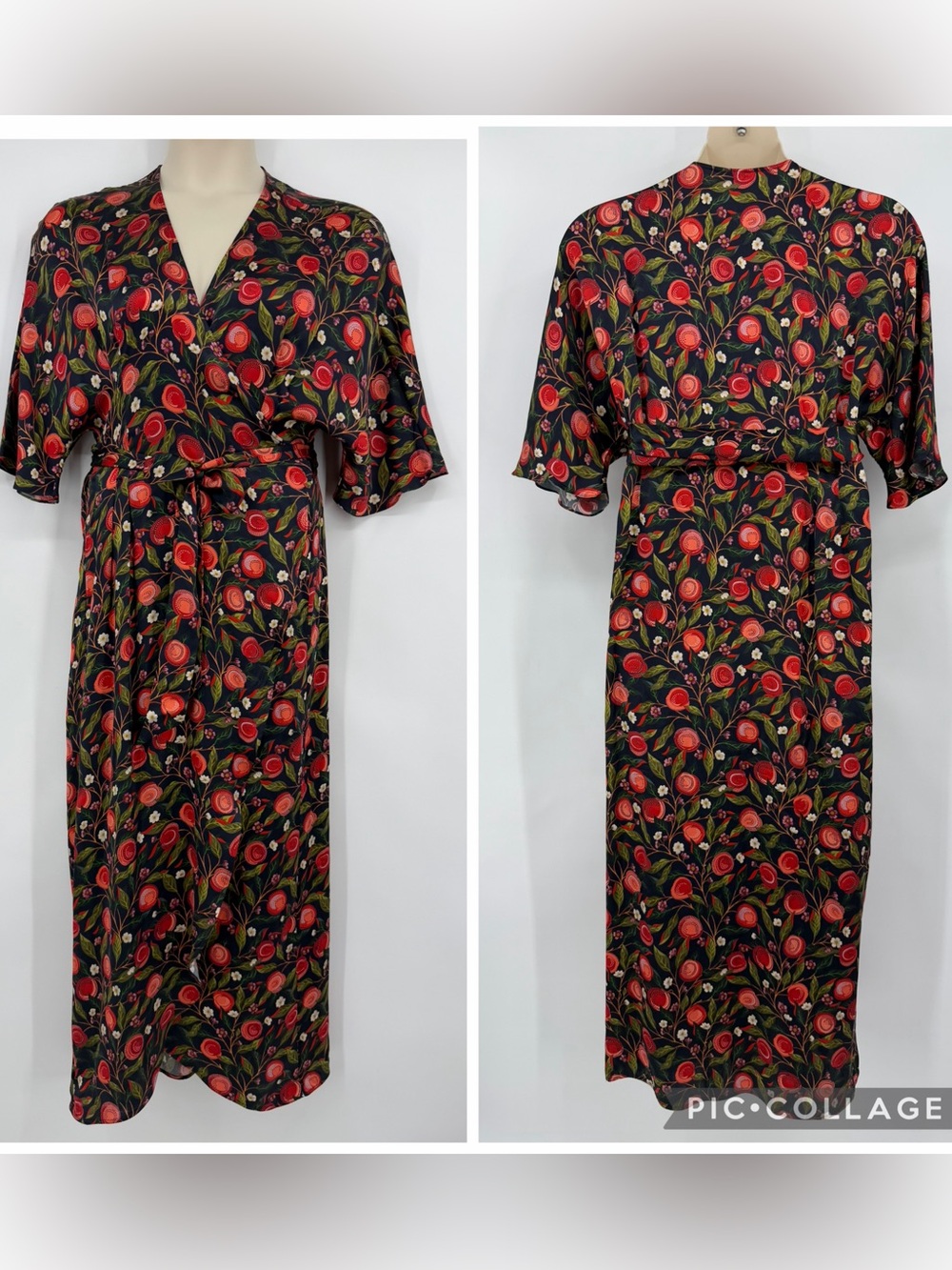 Liberty of London Floral Dressing Robe Dress Midi Silk Black Red Size M